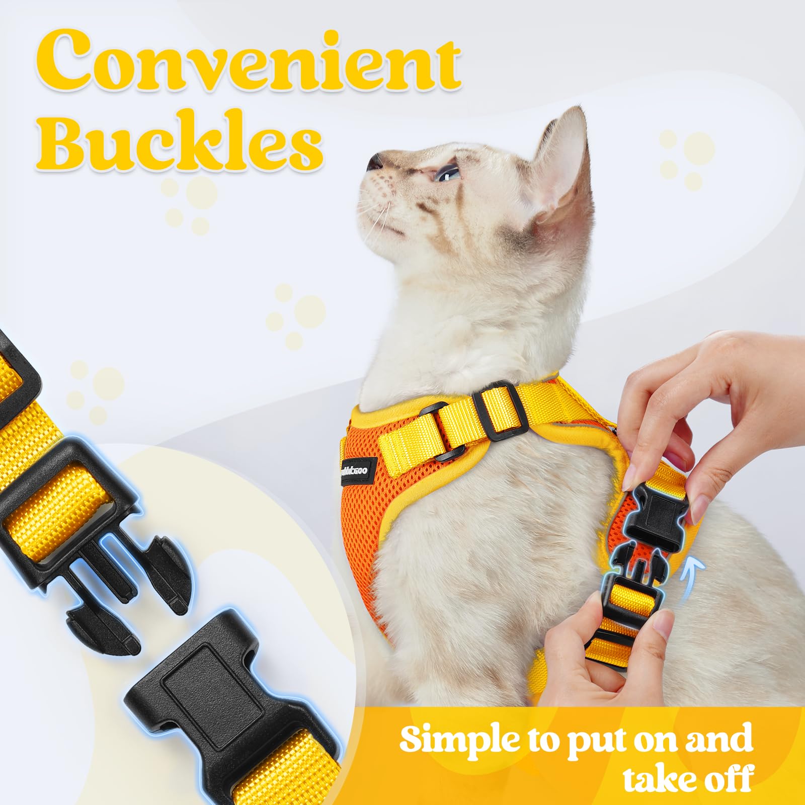 rabbitgoo cat harness close-up showing its breathable mesh, soft edges, and sponge cushion.