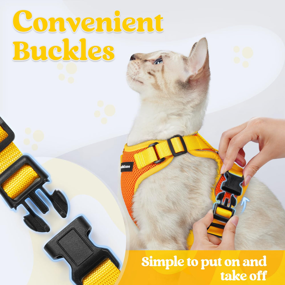 rabbitgoo cat harness close-up showing its breathable mesh, soft edges, and sponge cushion.