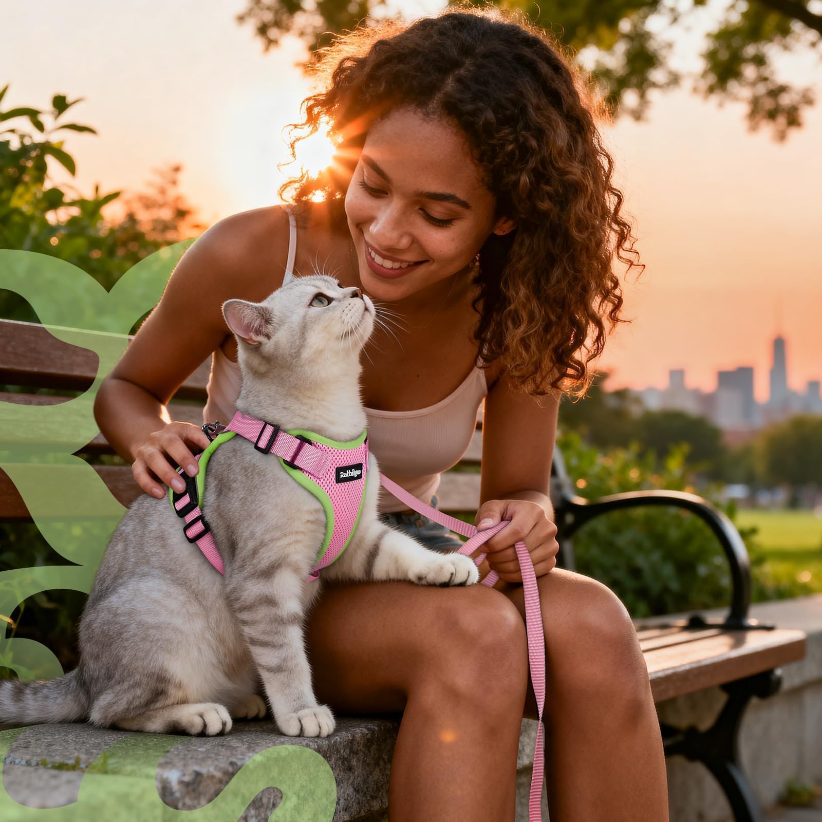 rabbitgoo Cat Harness in pink and light green.