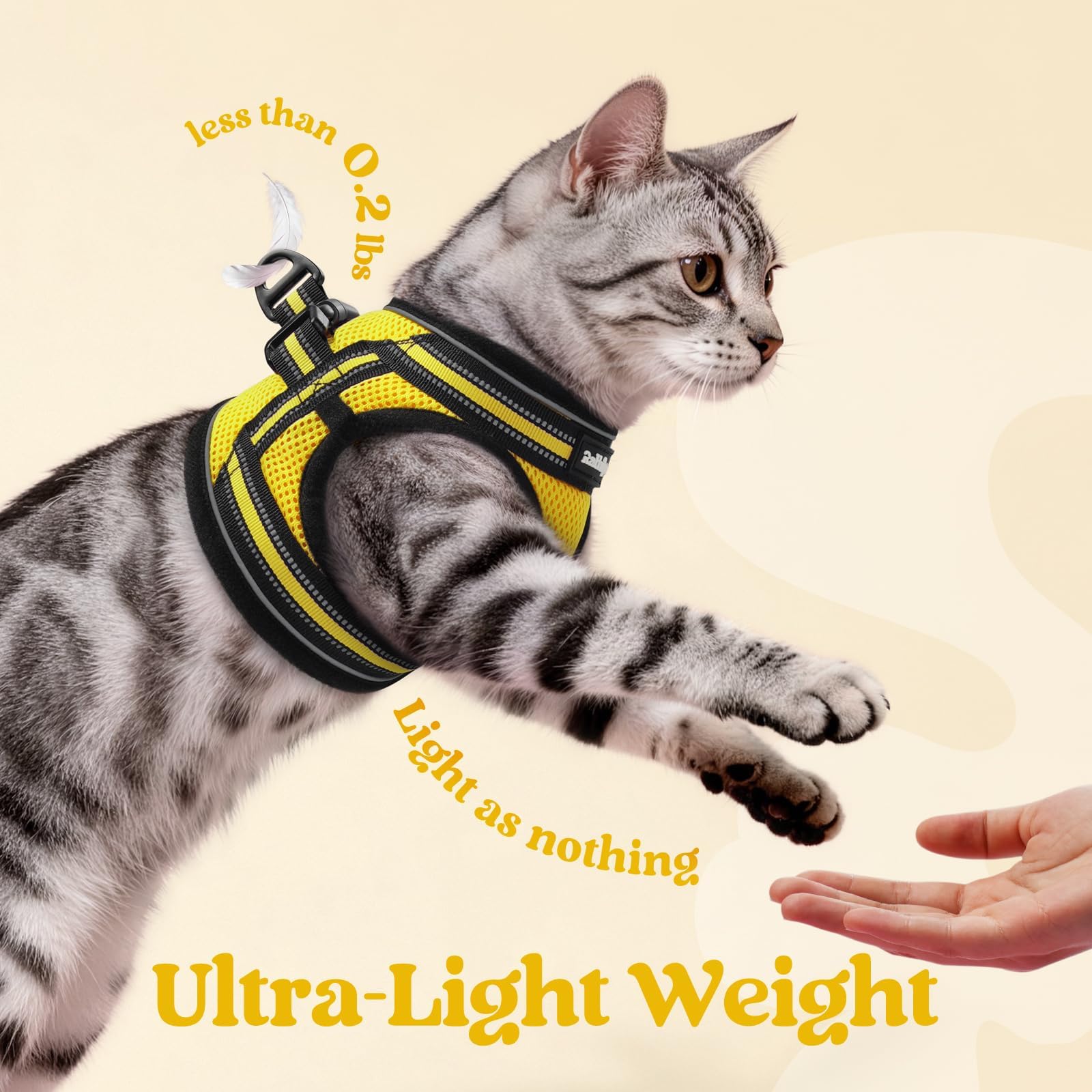 Reflective strips on the bright yellow rabbitgoo cat harness.