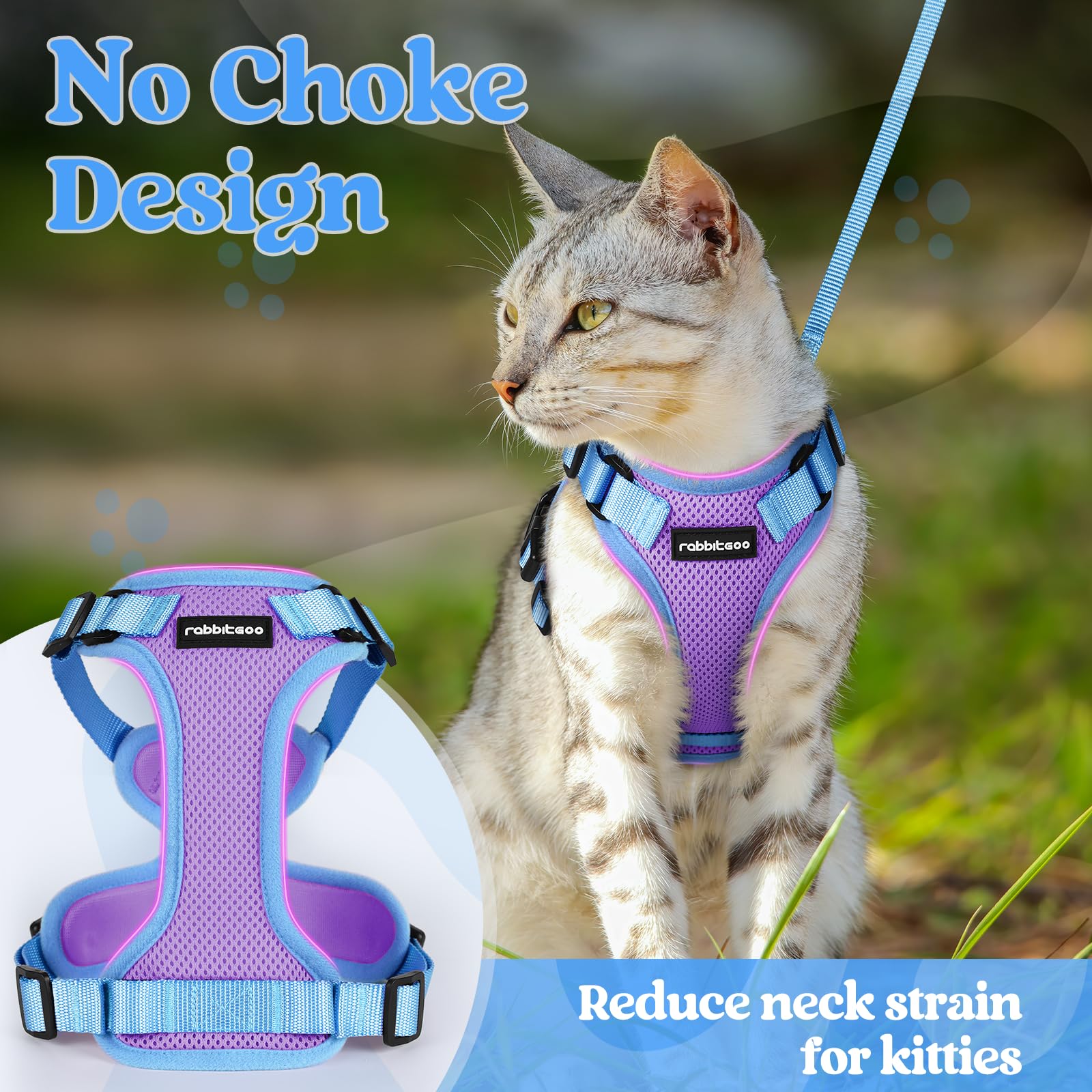 rabbitgoo Cat Harness detail showing its bright reflective strips.