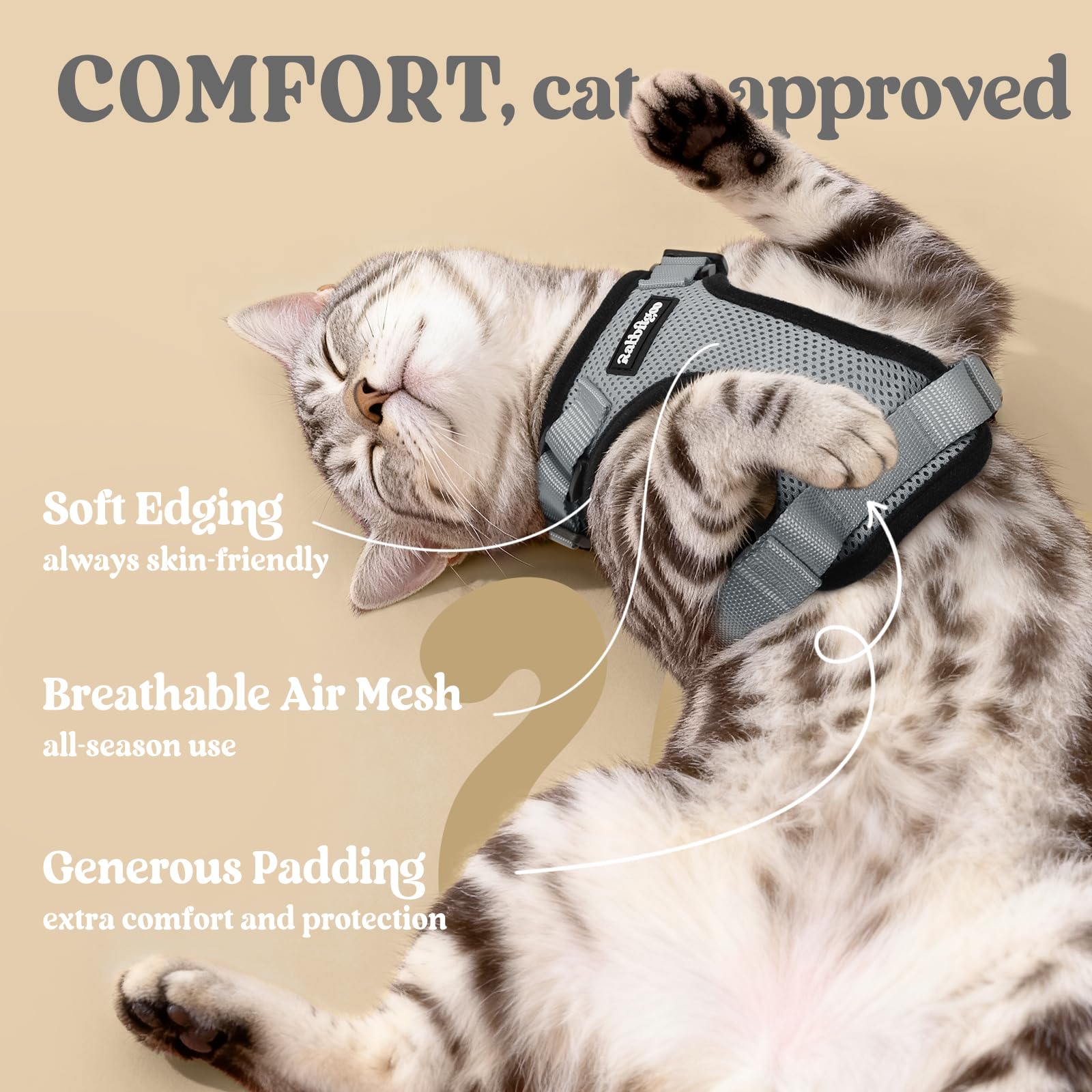 rabbitgoo cat harness detail showing reflective strips for low-light visibility.
