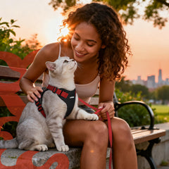 A cat wearing the rabbitgoo Cat Harness and Leash Set.
