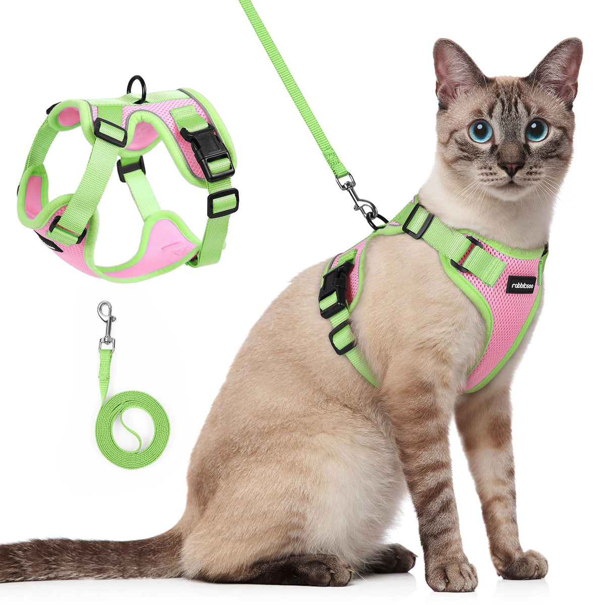 rabbitgoo Cat Harness and Leash Set shown from the front in Pink & Light Green.
