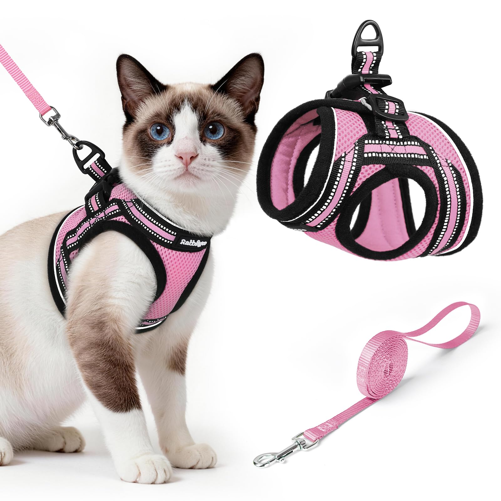 rabbitgoo cat harness set shown from the front in pink.