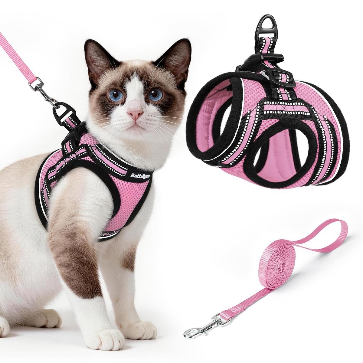 rabbitgoo cat harness set shown from the front in pink.