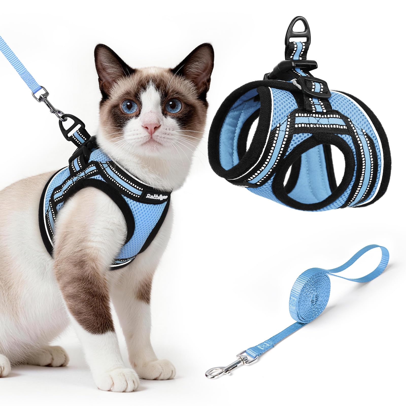 rabbitgoo Cat Harness and Leash Set shown from the front in light blue.
