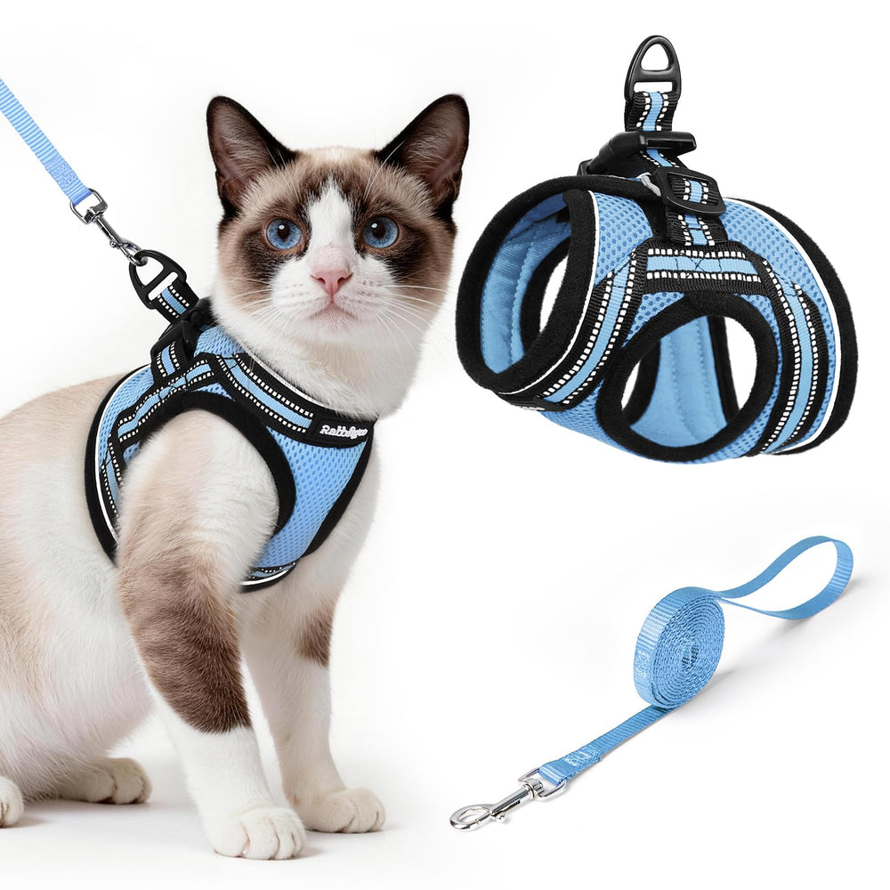 rabbitgoo Cat Harness and Leash Set shown from the front in light blue.