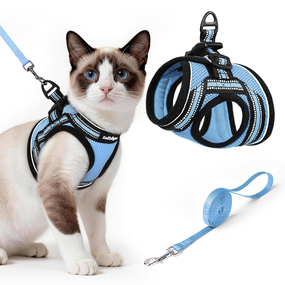 rabbitgoo Cat Harness and Leash Set shown from the front in light blue.