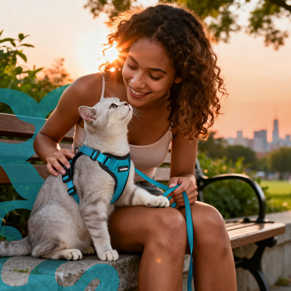 rabbitgoo teal cat harness shown from the side in its vest-style shape.