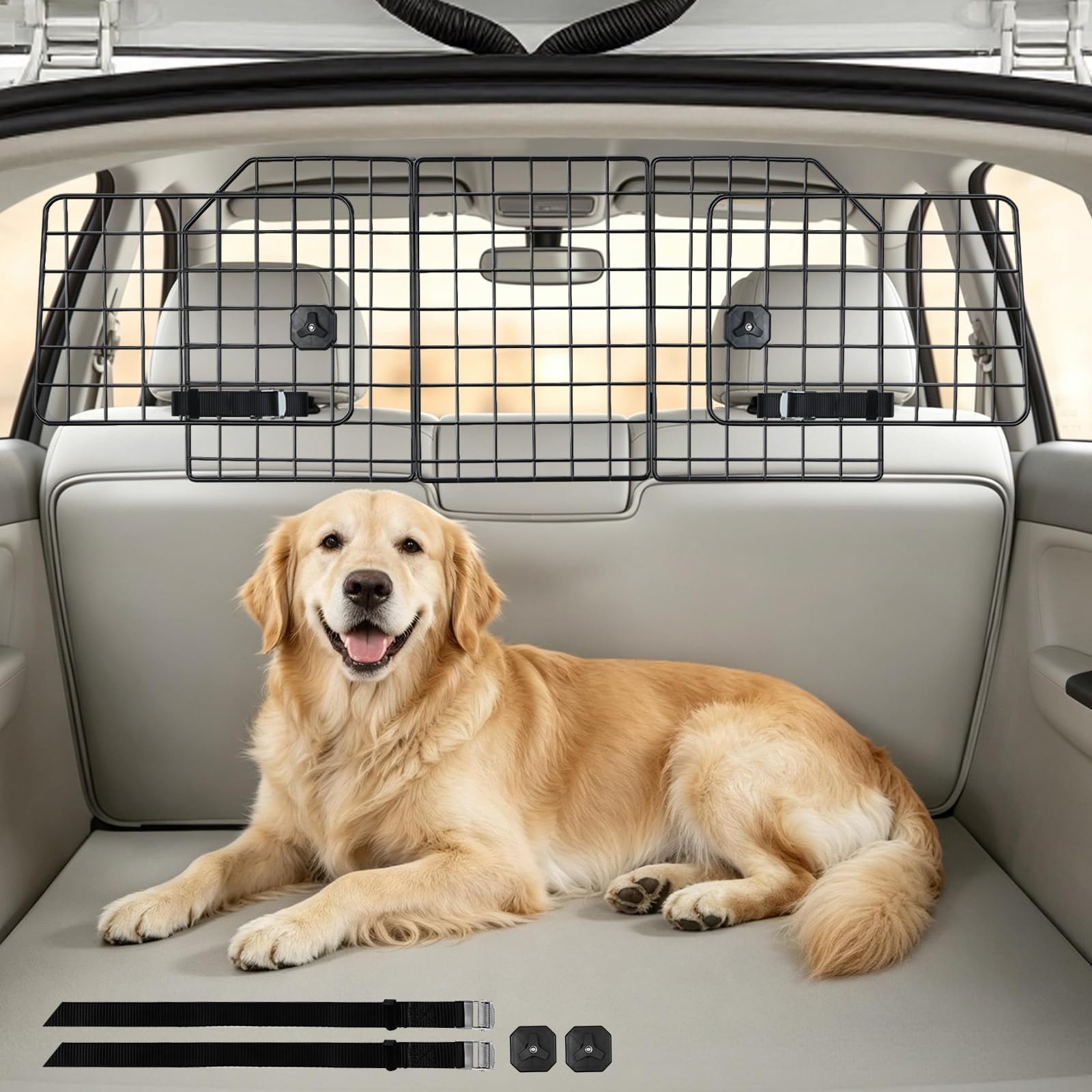 rabbitgoo Dog Car Barrier shown from the front with its main panel and side panels.