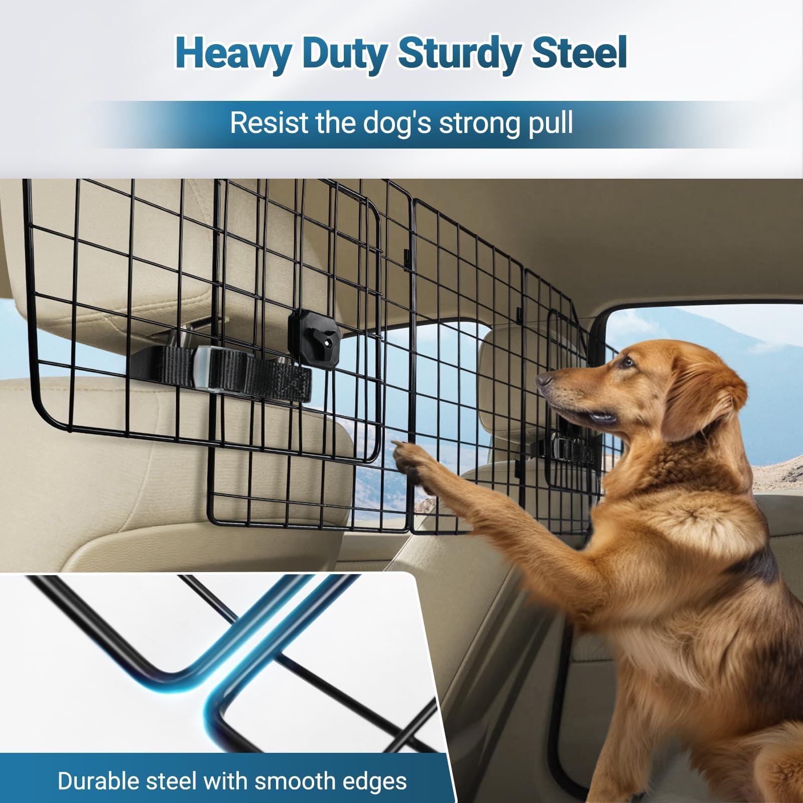 rabbitgoo Dog Car Barrier nylon straps and metal headrest grips shown close up.