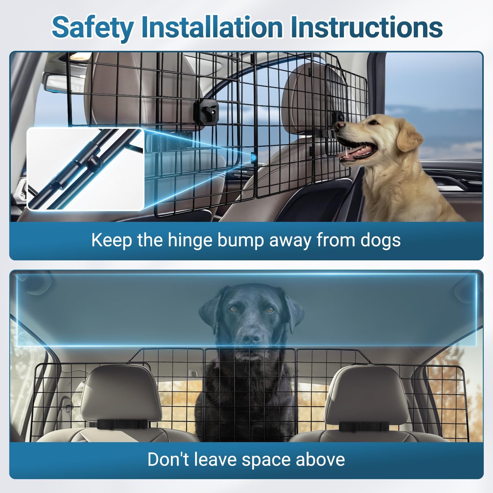 rabbitgoo Dog Car Barrier shown with the main panel and side panel dimensions.