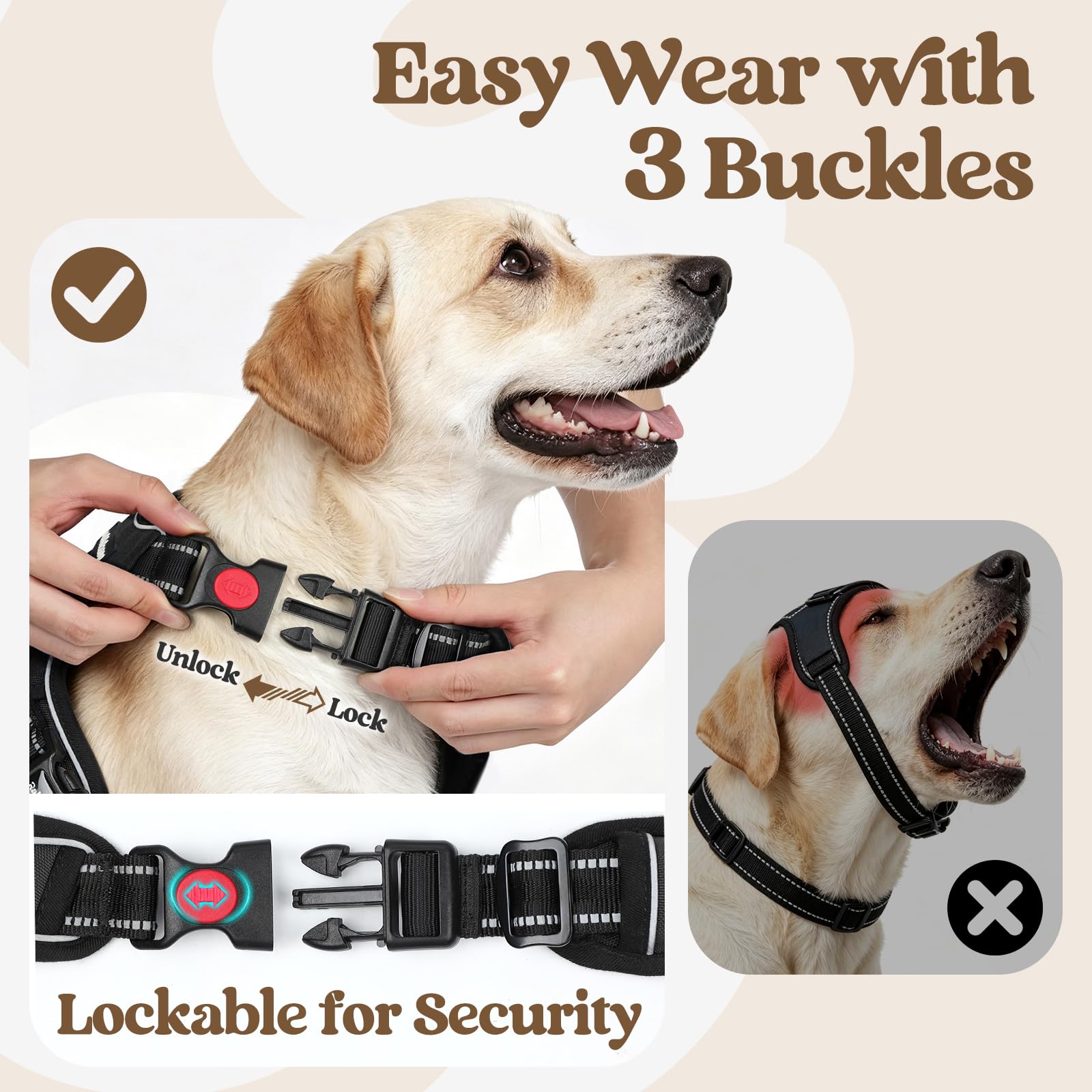 rabbitgoo Dog Harness close-up showing the buckle closures for putting it on and taking it off.