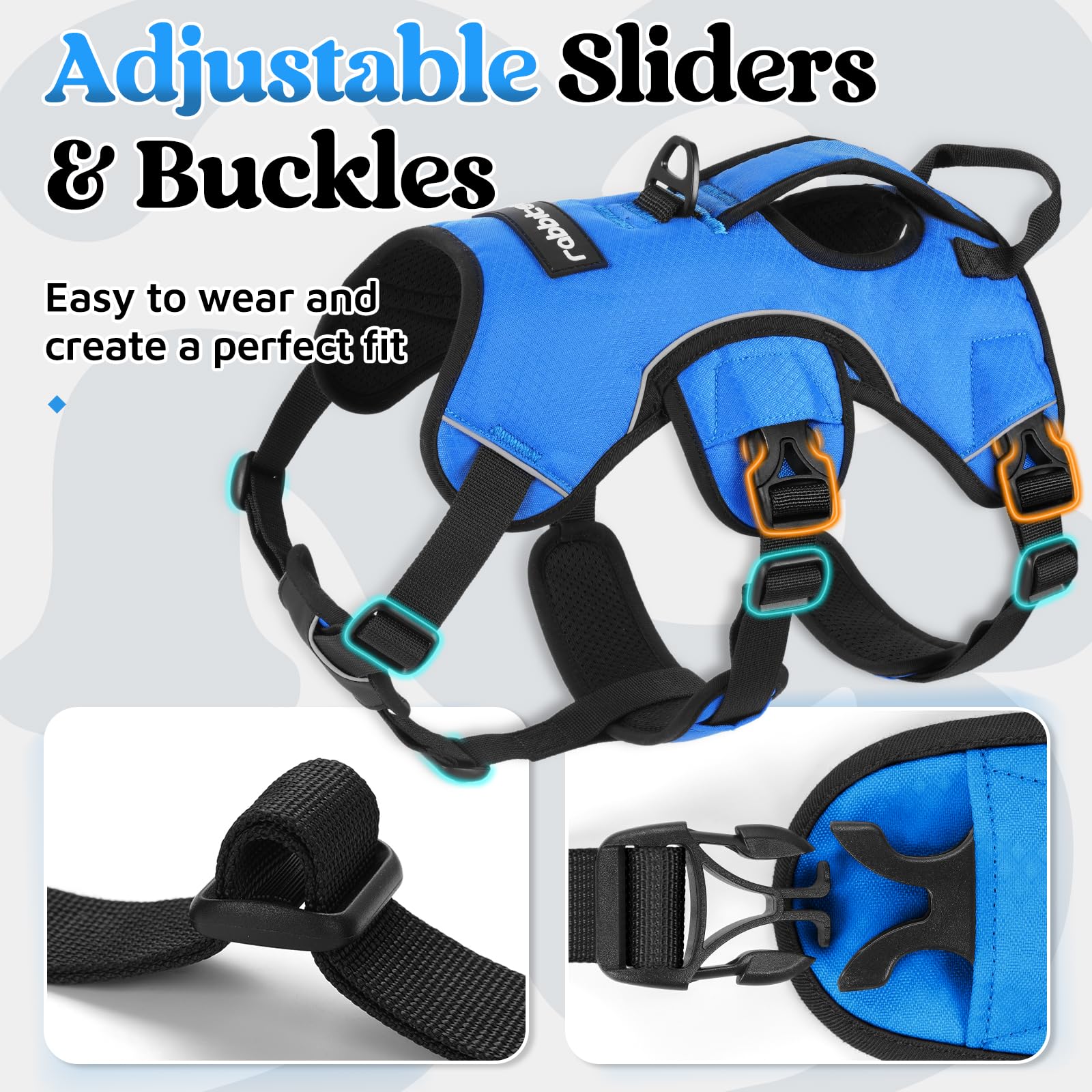 rabbitgoo dog harness reflective strips shown on the harness.