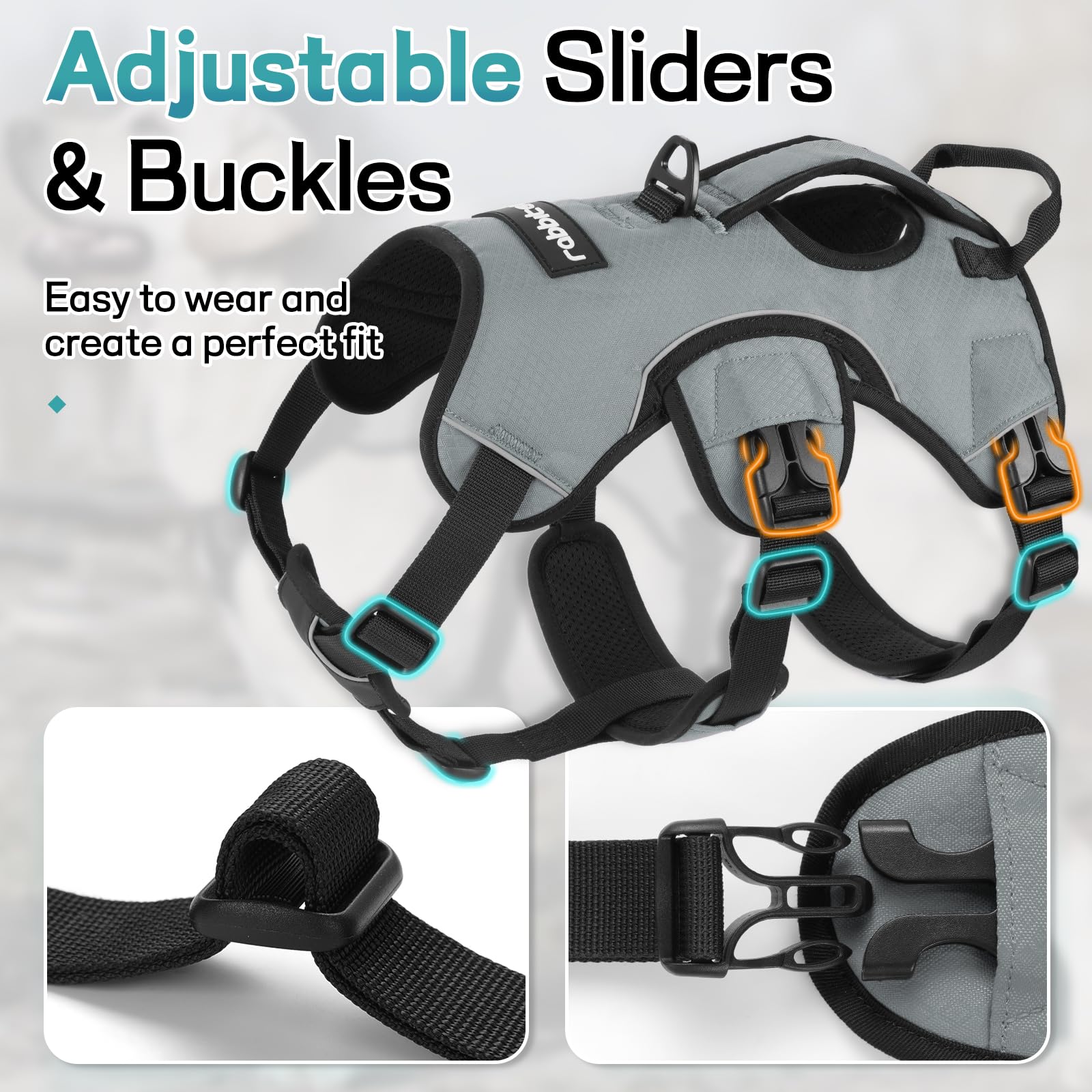 rabbitgoo dog harness reflective strips shown for low-light visibility.