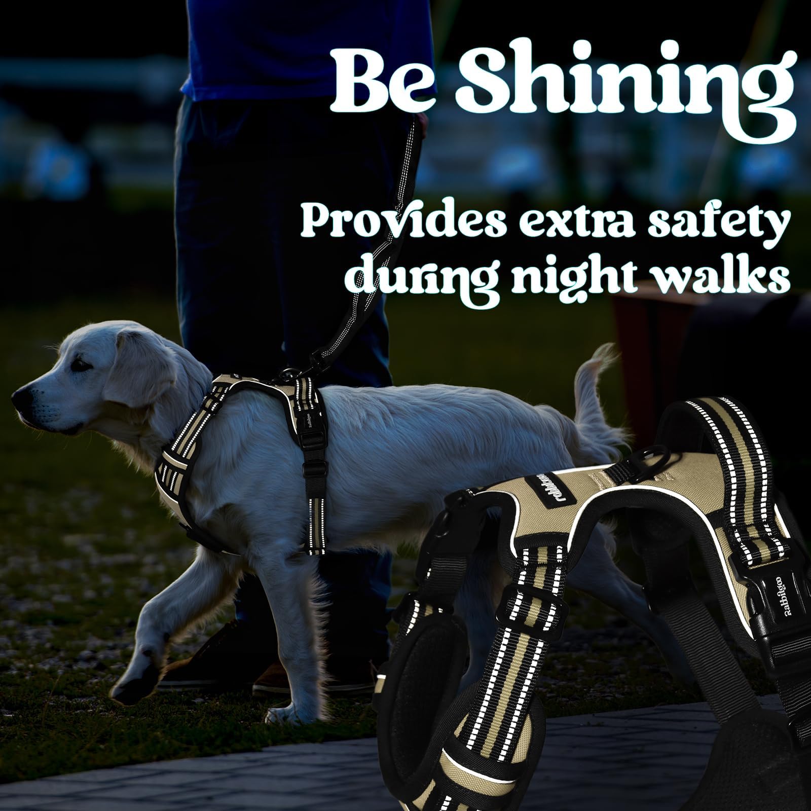 rabbitgoo Dog Harness top handle and metal leash rings shown in detail.
