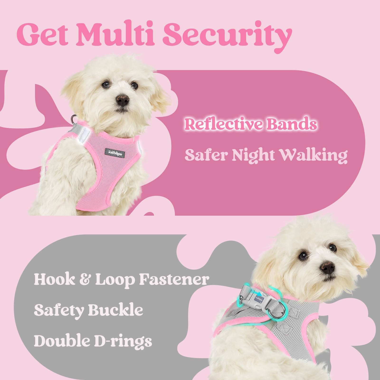 rabbitgoo Step-in Small Dog Harness size guide showing neck and chest fit.