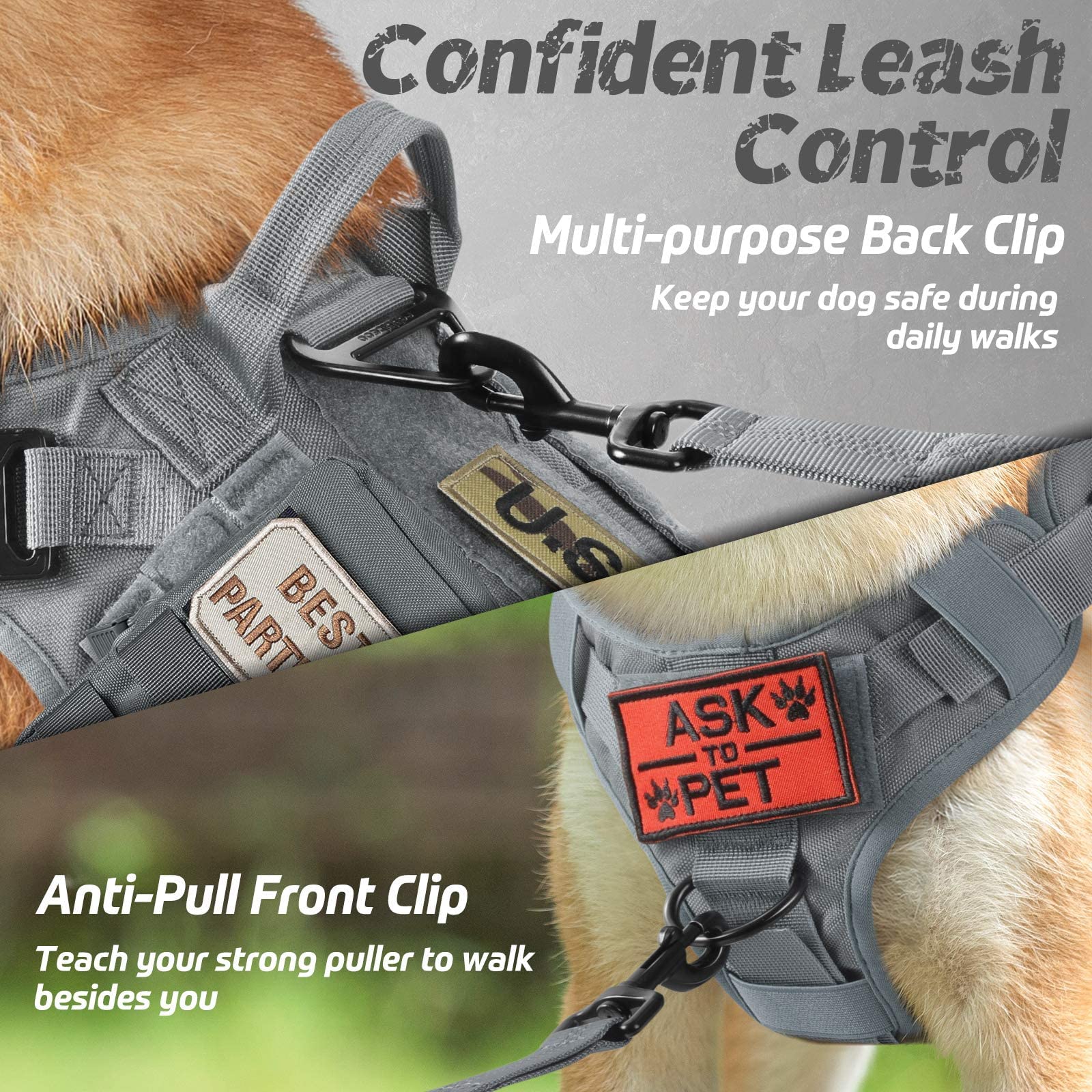 rabbitgoo tactical dog harness side view highlighting the MOLLE attachment panels.