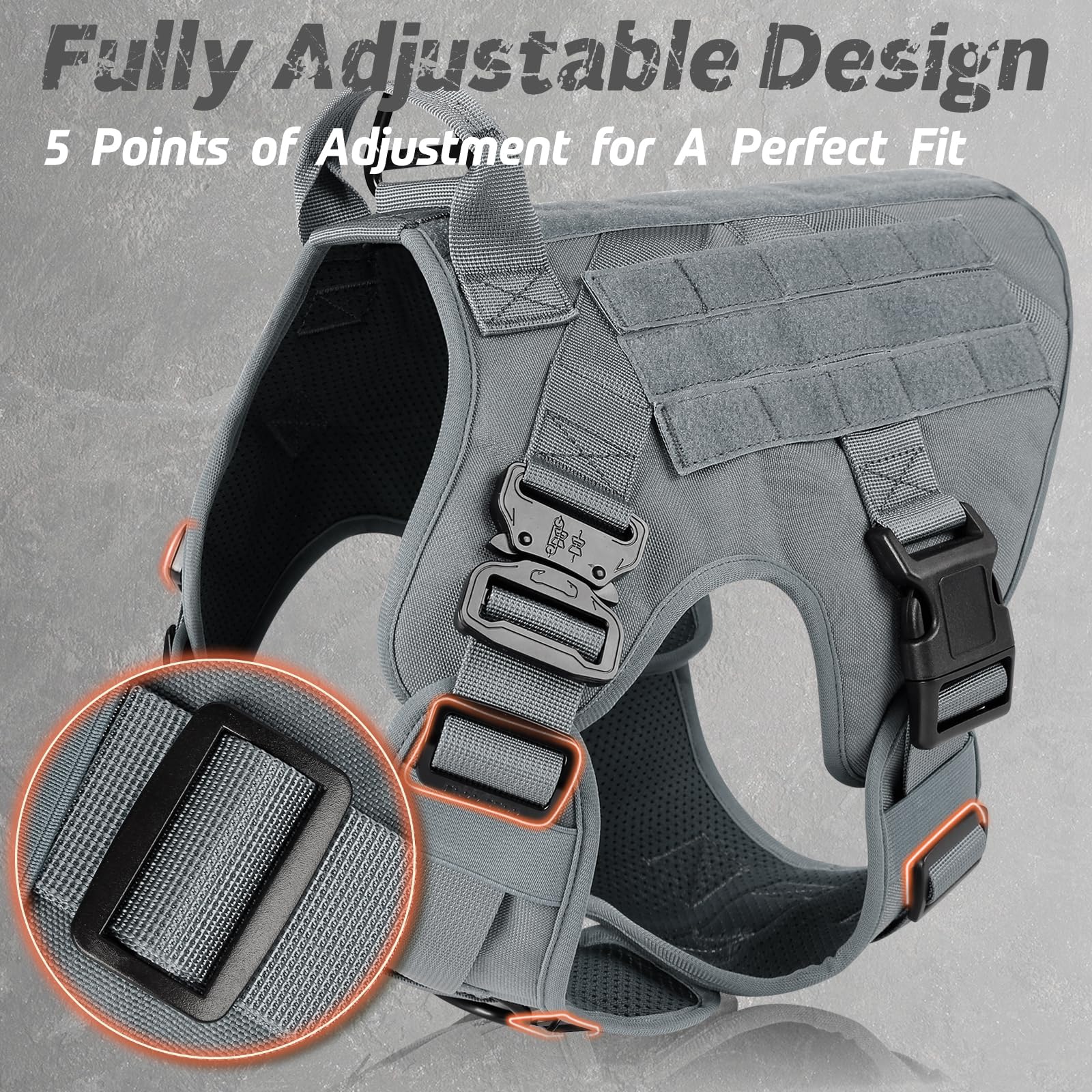 rabbitgoo tactical dog harness showing the reinforced top handle.
