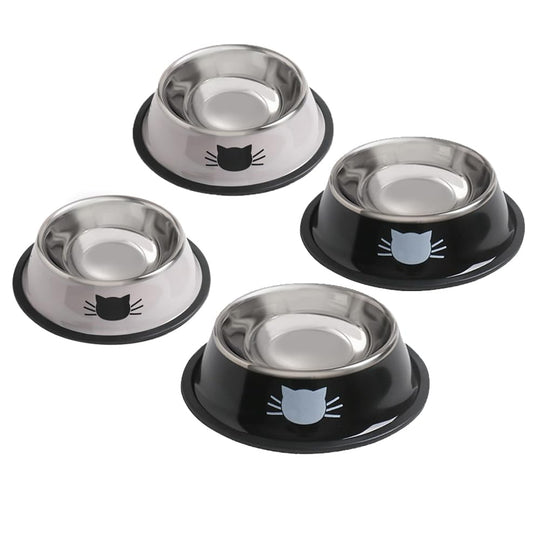 Rapsrk stainless steel cat bowls shown as a four-piece set.