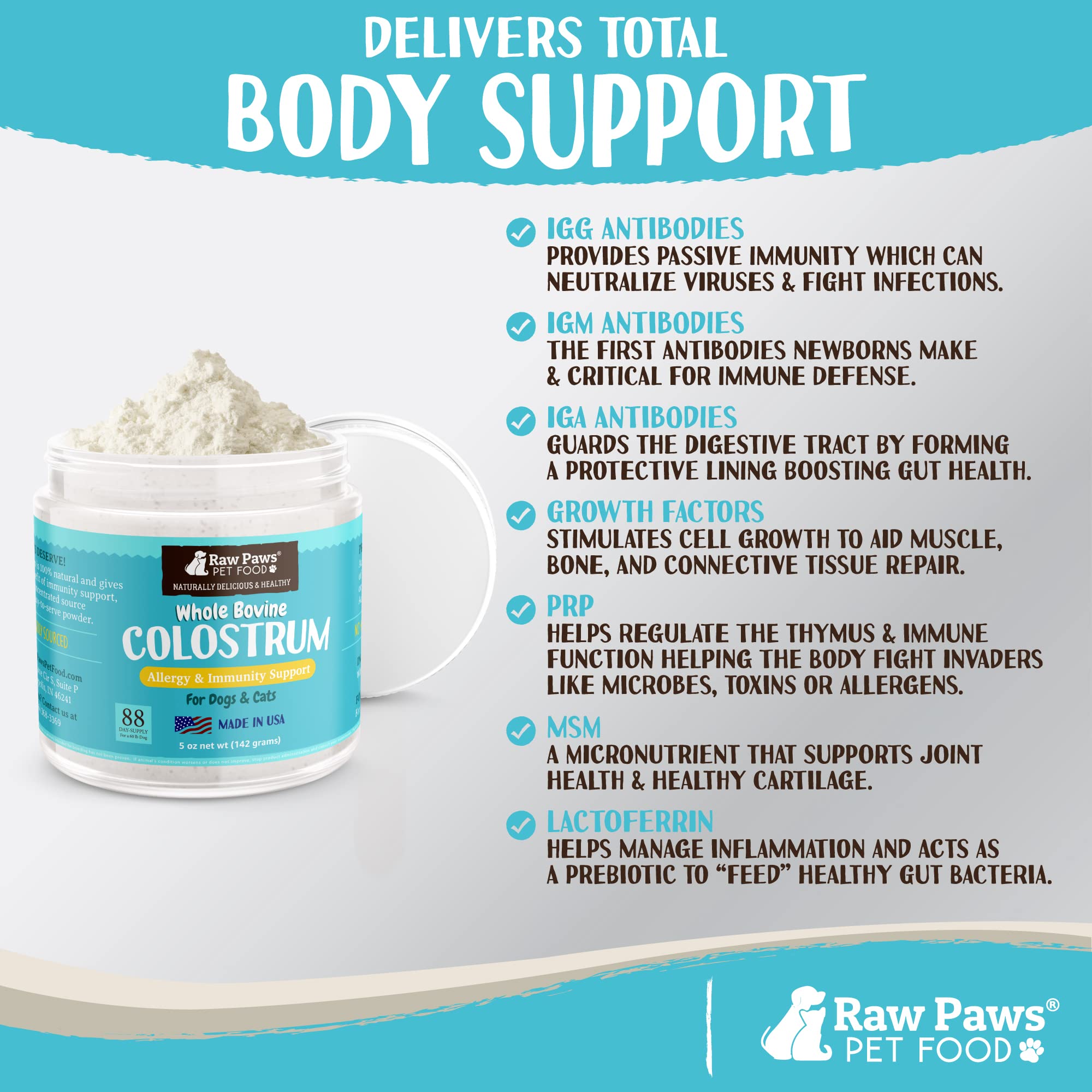 Raw Paws Bovine Colostrum shown as a cat supplement.