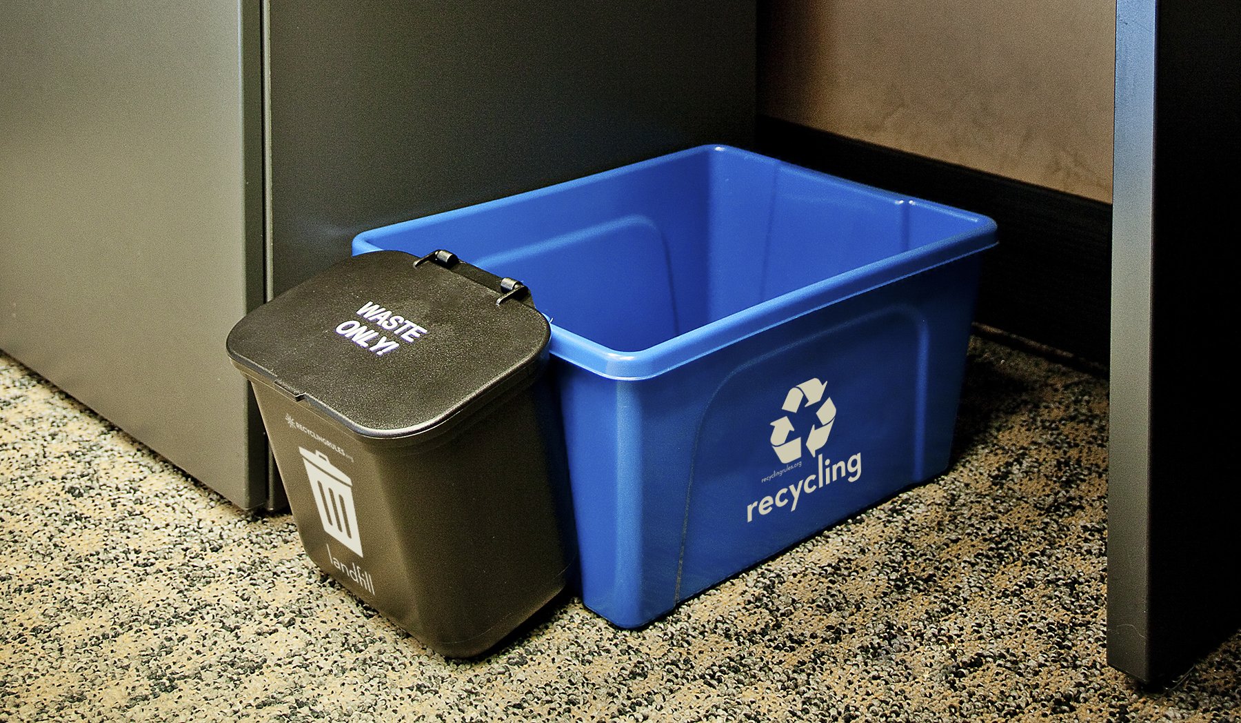 Recycling Rules Hanging Wastebasket mounted inside a cabinet.