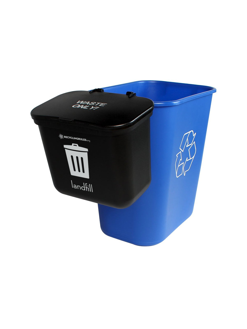 Recycling Rules Hanging Wastebasket shown collecting kitchen scraps for composting.