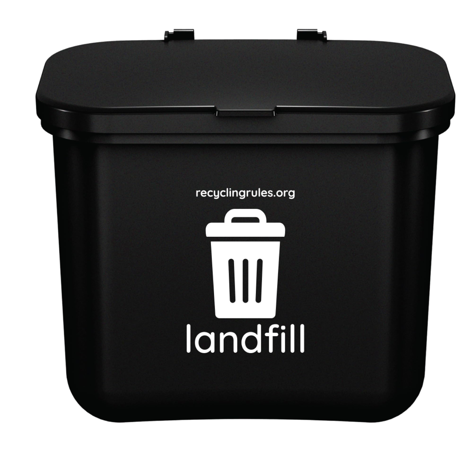 Recycling Rules Hanging Wastebasket shown from the front with its black body and lid.