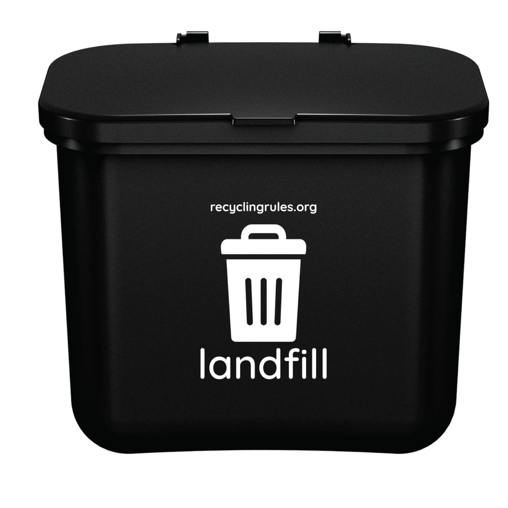 Recycling Rules Hanging Wastebasket shown from the front with its black body and lid.