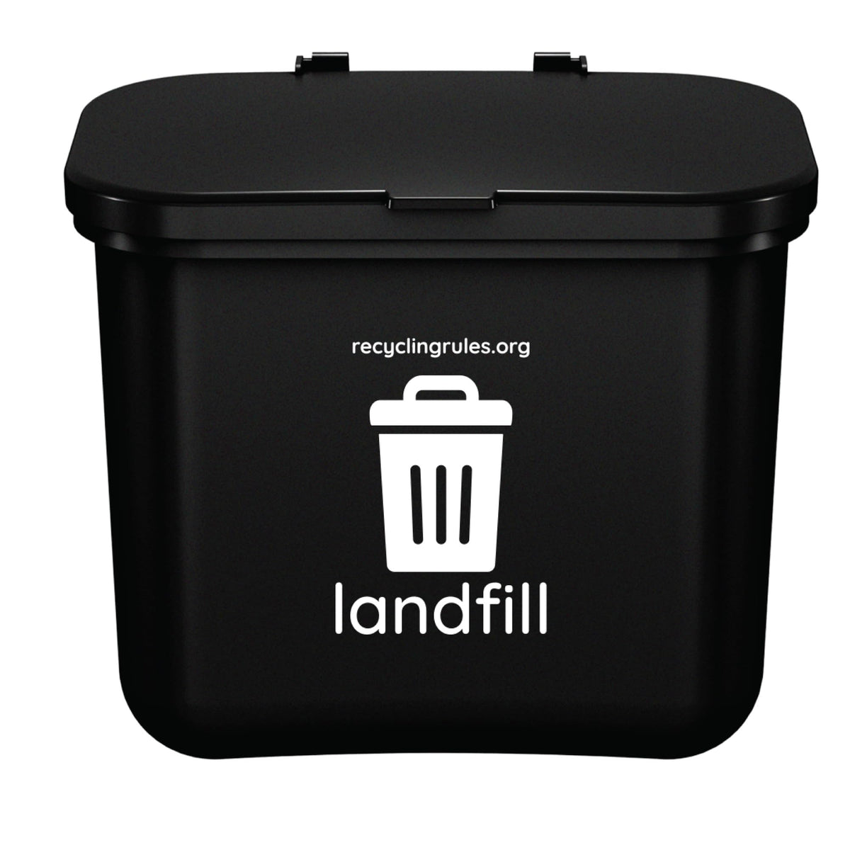 Recycling Rules Hanging Wastebasket shown from the front with its black body and lid.