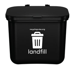 Recycling Rules Hanging Wastebasket shown from the front with its black body and lid.