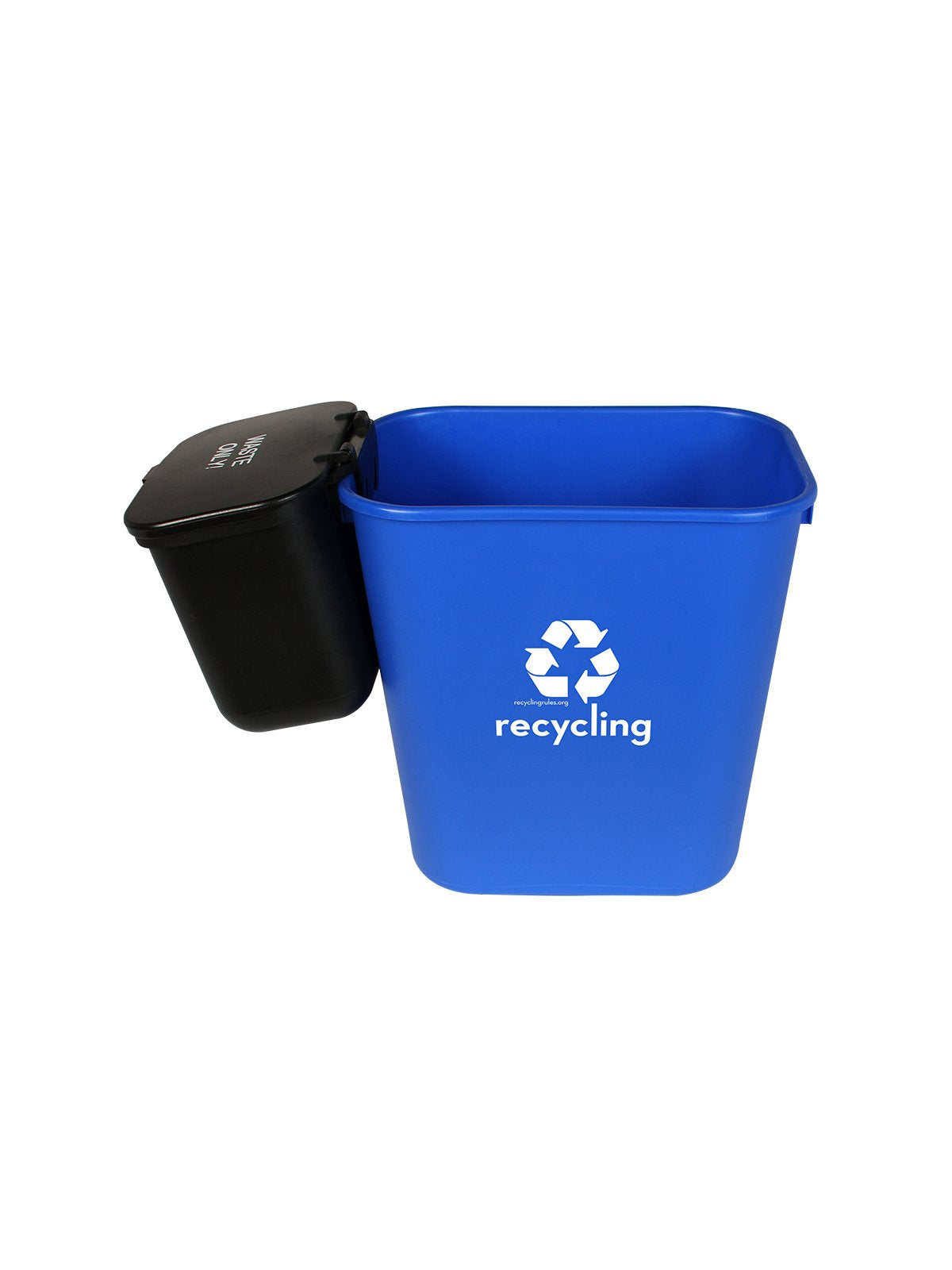 Recycling Rules Hanging Wastebasket shown for collecting dryer lint and used fabric sheets.