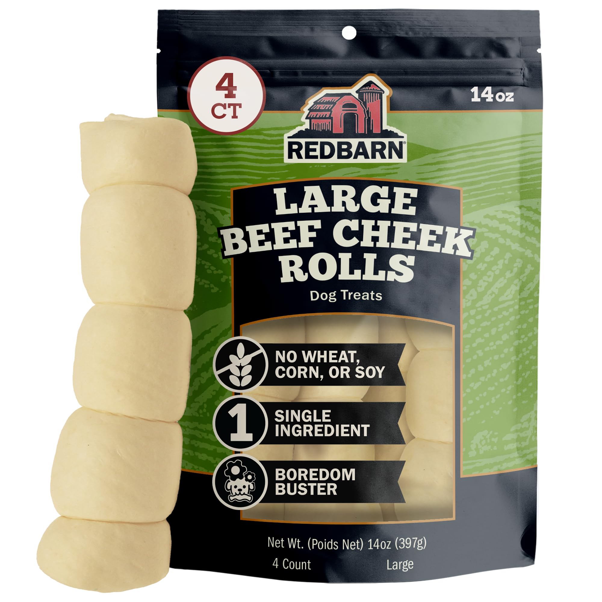 Redbarn Pet Products beef cheek rolls shown from the front as large dog chews.