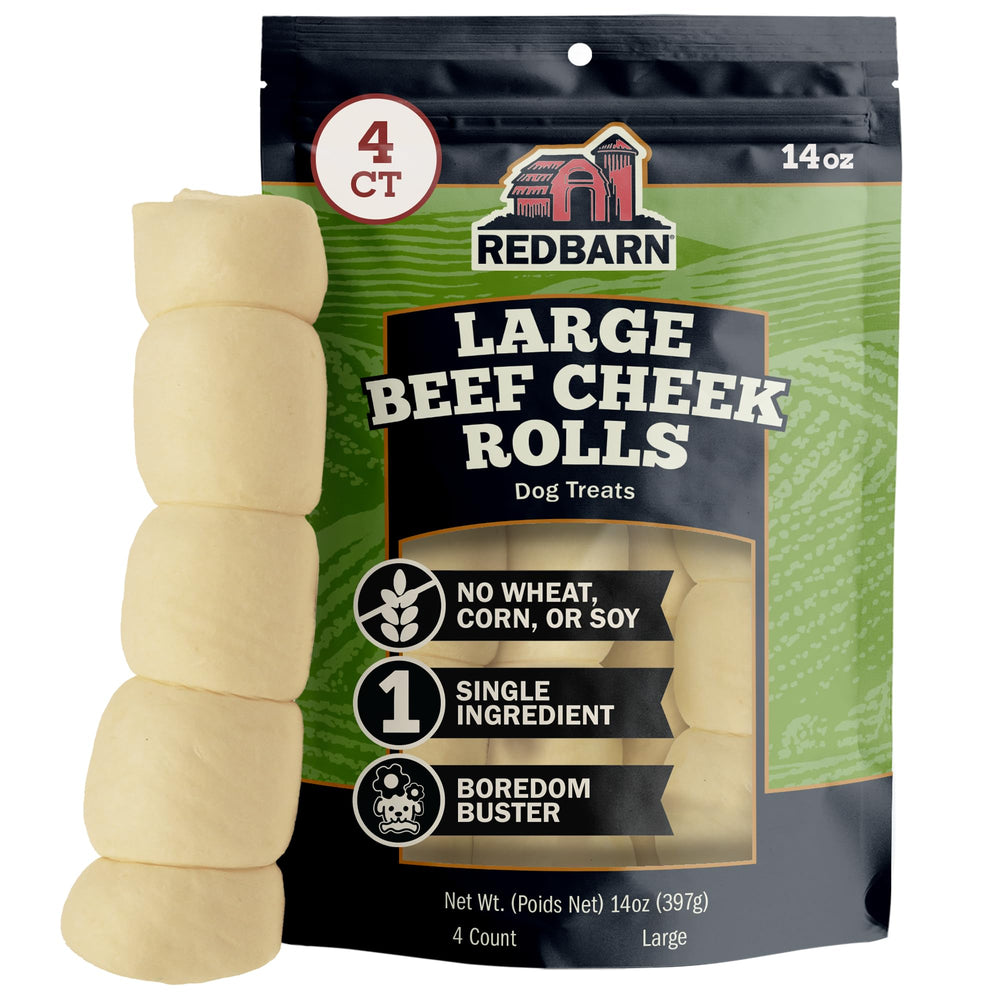 Redbarn Pet Products beef cheek rolls shown from the front as large dog chews.