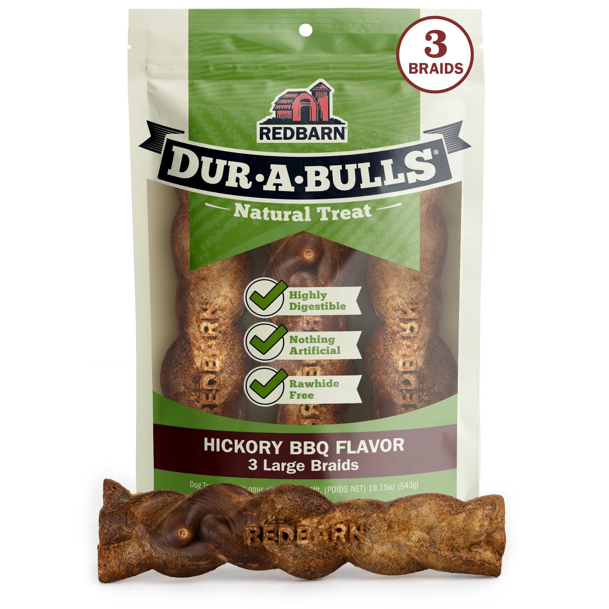 Redbarn Dur-A-Bulls Large Braids product shown as three hickory-flavored dog chews.
