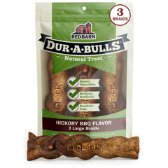 Redbarn Dur-A-Bulls Large Braids product shown as three hickory-flavored dog chews.