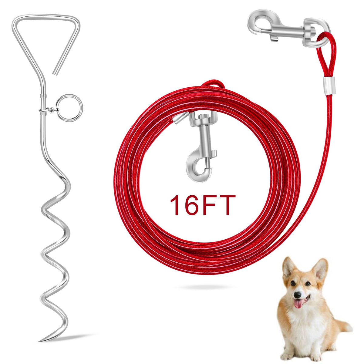 Relux dog tie-out cable and stake shown together from the front.