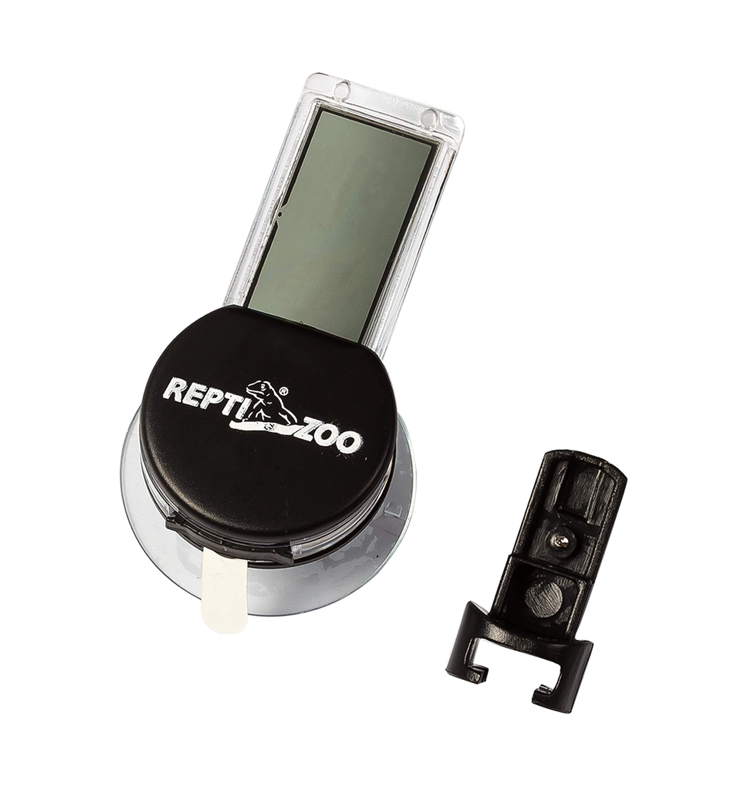 REPTI ZOO thermometer-hygrometer with the included standby battery.