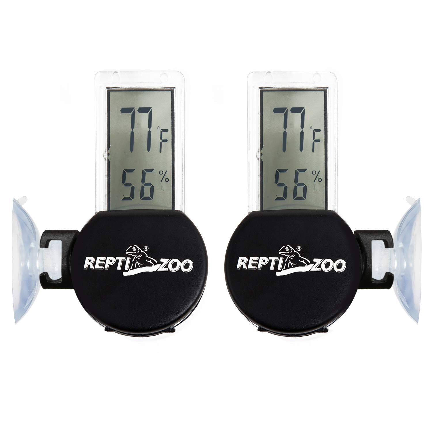 REPTI ZOO thermometer-hygrometer showing the suction cup mounting feature.