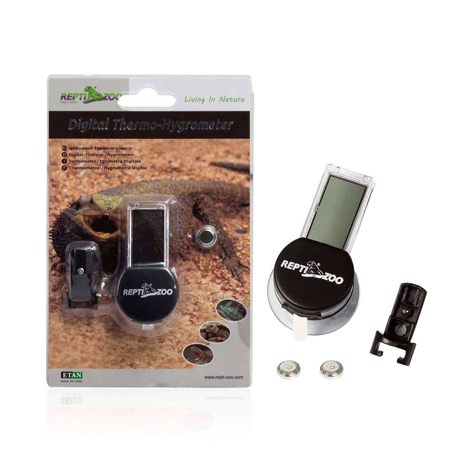 REPTI ZOO thermometer-hygrometer used in a vivarium.