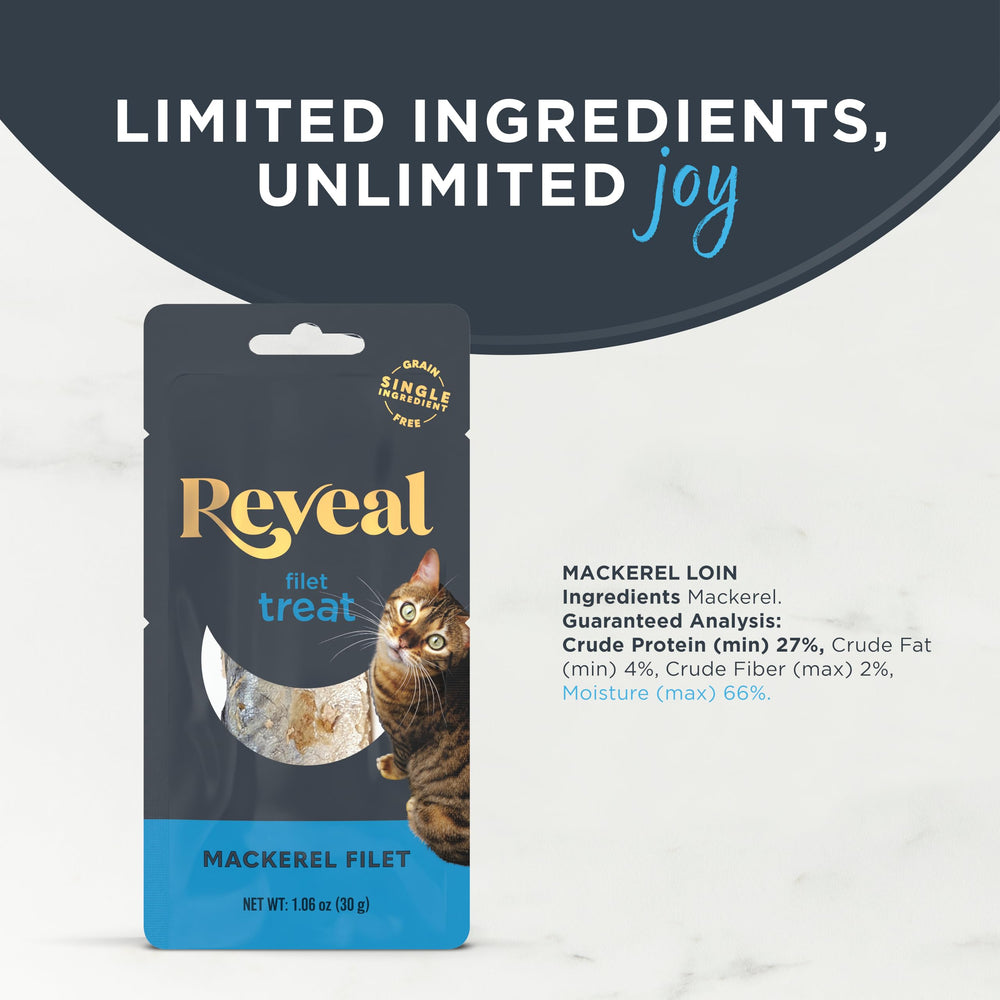 A cat is hand-fed a piece of Reveal mackerel cat treat.