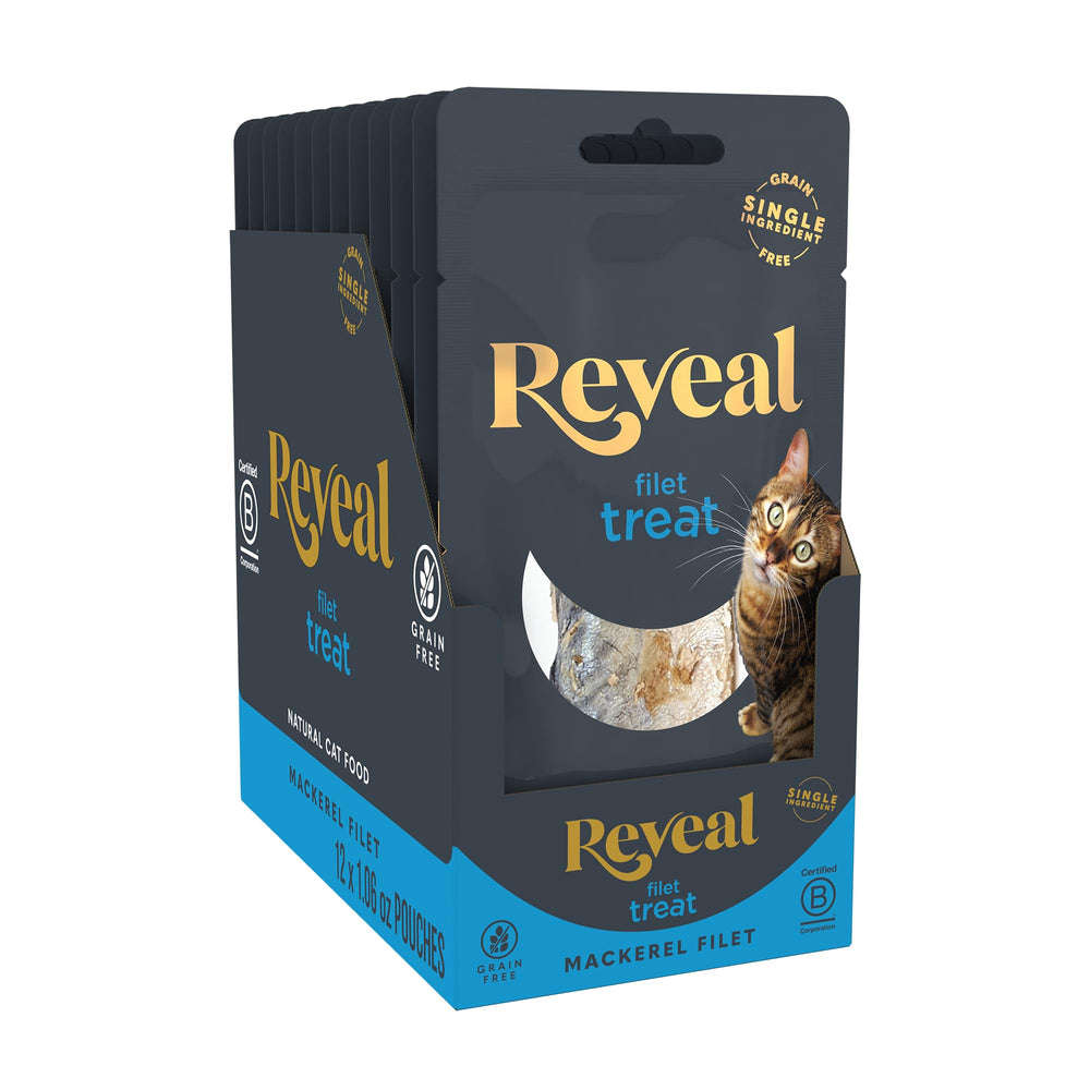 Reveal mackerel cat treats shown with the front of the pouch.