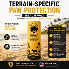 Rhino Wax Beach Paw Wax shown for a dog at a sandy beach.