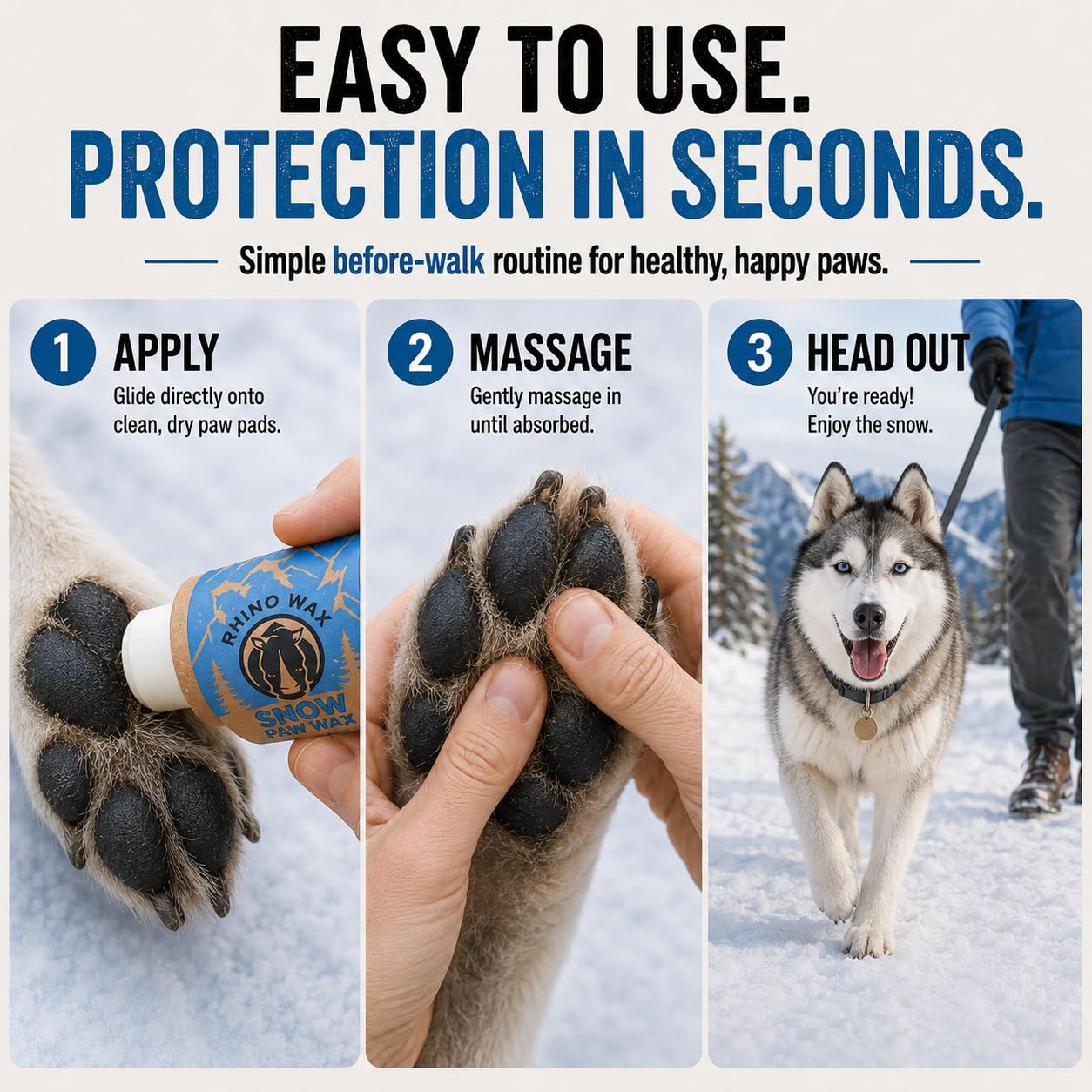 A dog outdoors in snow with Rhino Wax Snow Paw Wax for winter paw care.