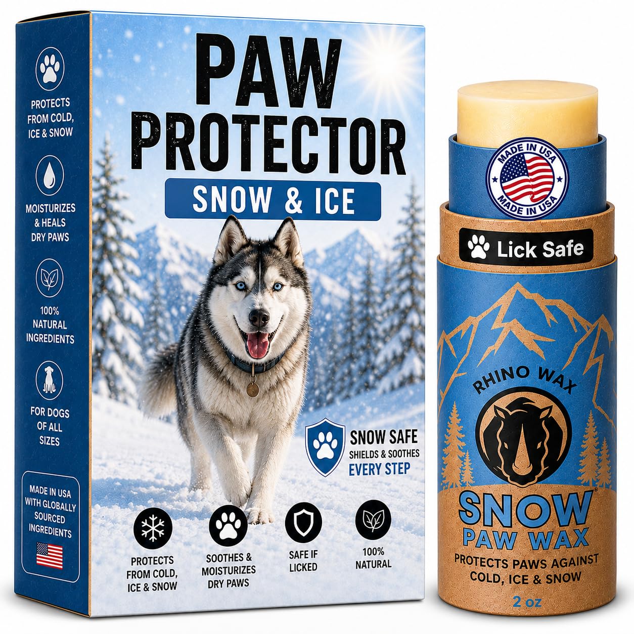 Rhino Wax Snow Paw Wax shown from the front as a winter paw balm for dogs.
