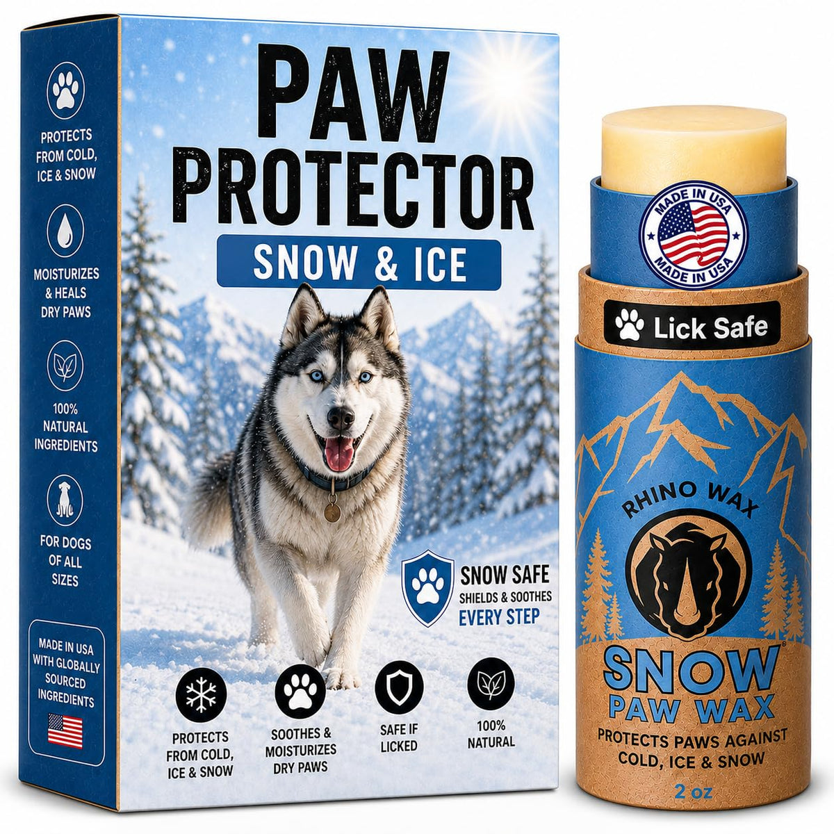 Rhino Wax Snow Paw Wax shown from the front as a winter paw balm for dogs.