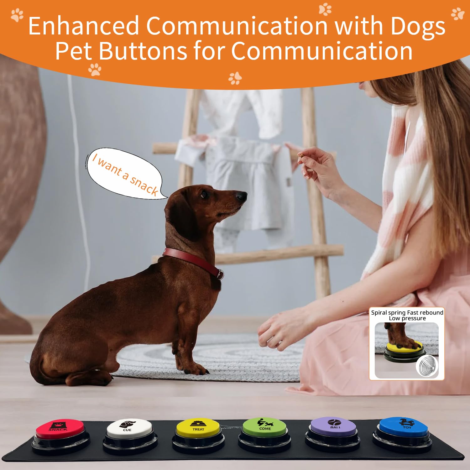 RIBOSY dog buttons set contents with buttons, mat, stickers, adhesive dots, and batteries.