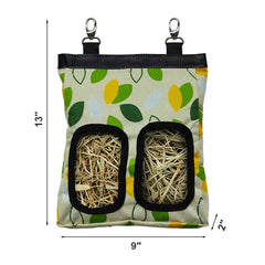 RIOUSSI hanging hay feeder bag shown attached inside a small-animal cage.