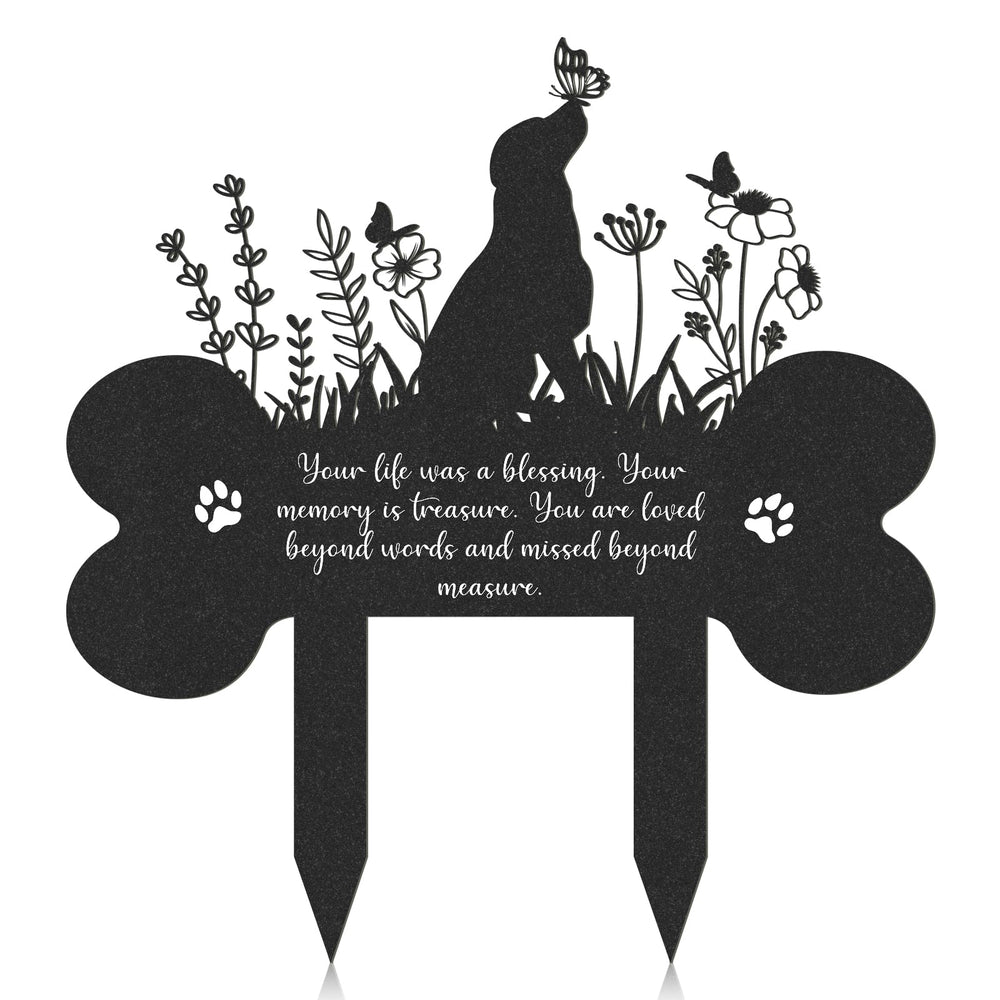 Rngmsi dog grave marker shown from the front with its bone-shaped memorial plaque.